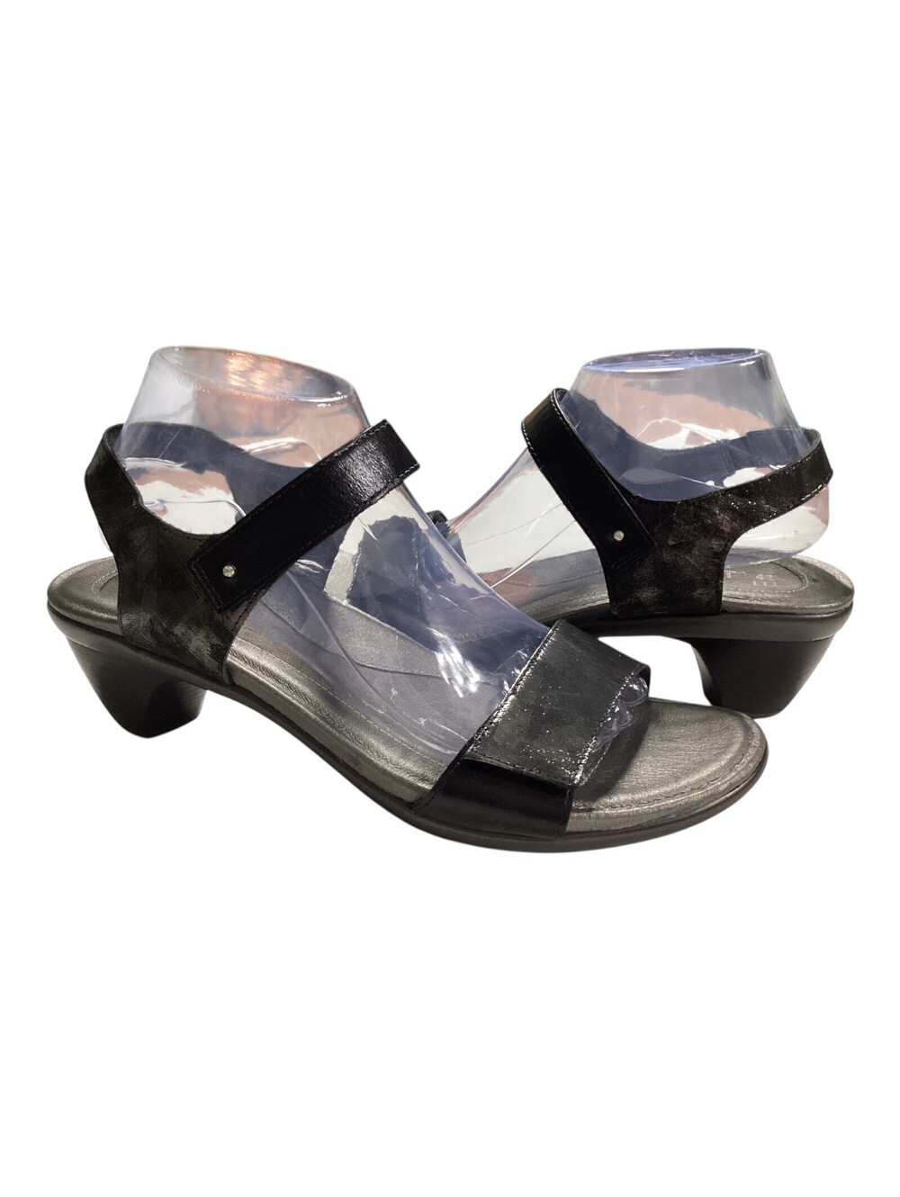 NAOT Women's Sandals Strappy Heel Rhinestone Israel Leather Black/Gray Sz 42/11